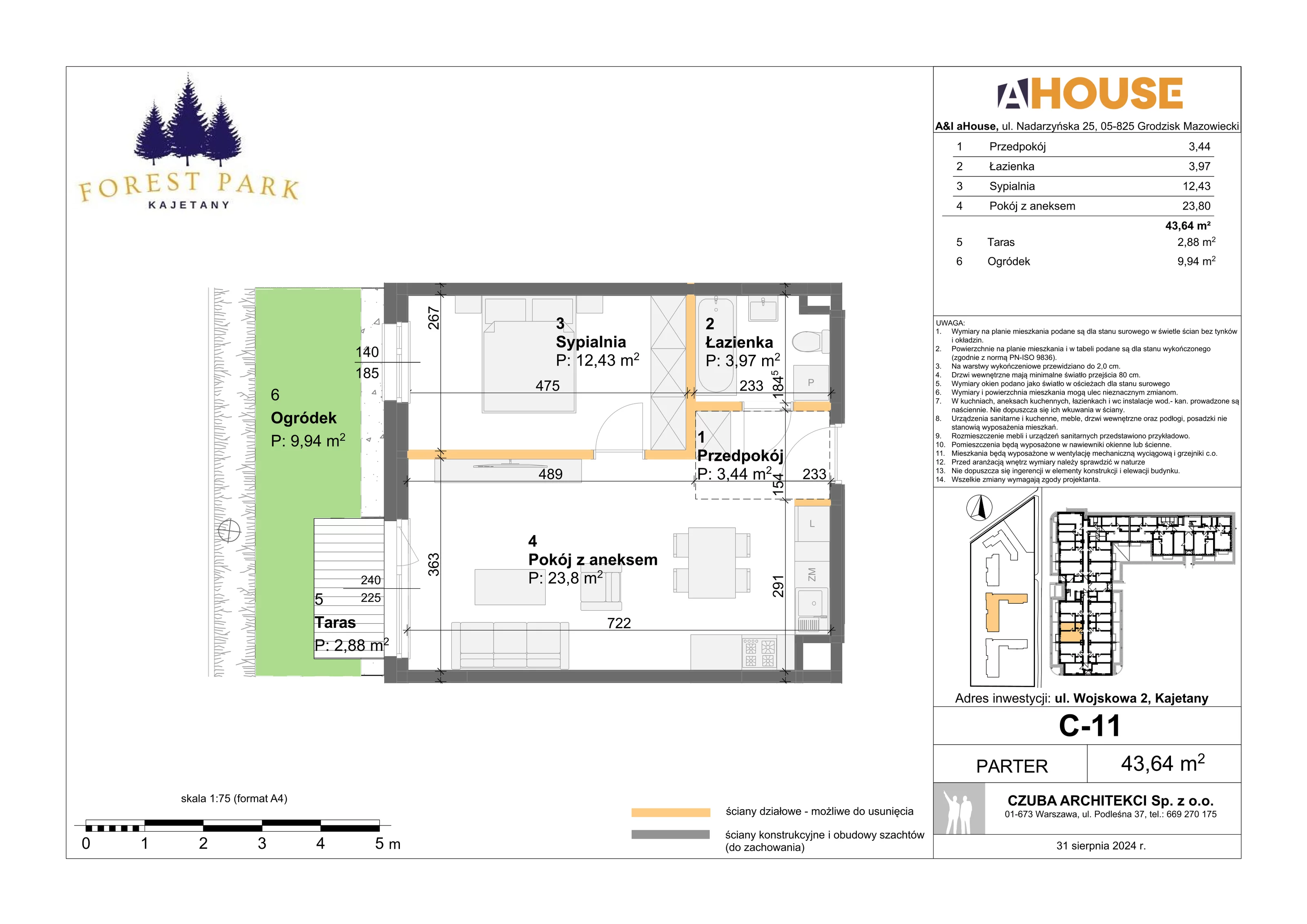 2 pokoje, mieszkanie 43,64 m², parter, oferta nr C-11, Forest Park Kajetany, Kajetany, ul. Wojskowa 2